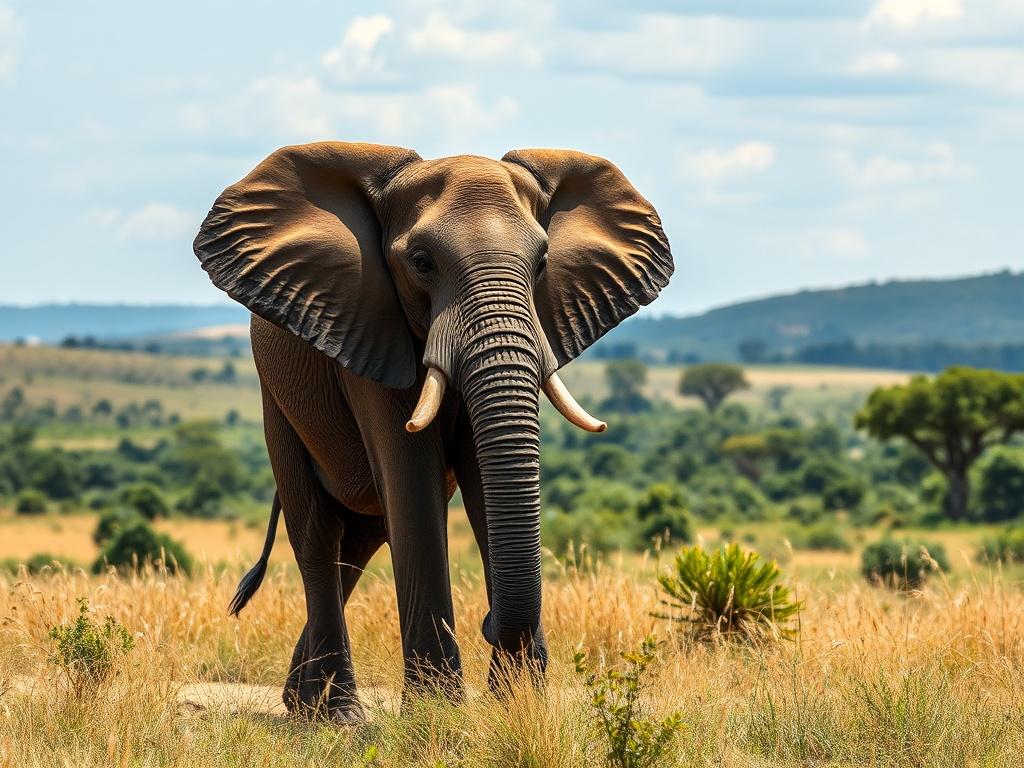 Create a realistic high-resolution photo of a majestic African elephant standing gracefully in the foreground during a game drive in Uganda. The elephant should be the only subject in the image, showcasing its detailed texture and natural coloration, with ears flared slightly as it surveys its surroundings. 

In the background, capture a lush Ugandan landscape with rolling hills under a clear sky, hinting at the vibrancy of the African savannah. Include hints of acacia trees and tall grass swaying gently in