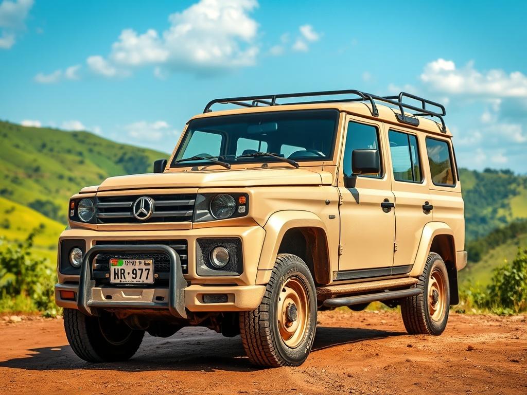 A well-maintained SUV parked in a scenic Ugandan landscape, showcasing lush green hills and a clear blue sky in the background. The focus is on the vehicle, with a natural and earthy aesthetic. The sunlight casts a warm glow on the vehicle, highlighting its features. The composition is simple and clear, emphasizing the adventure and freedom that comes with vehicle hire.