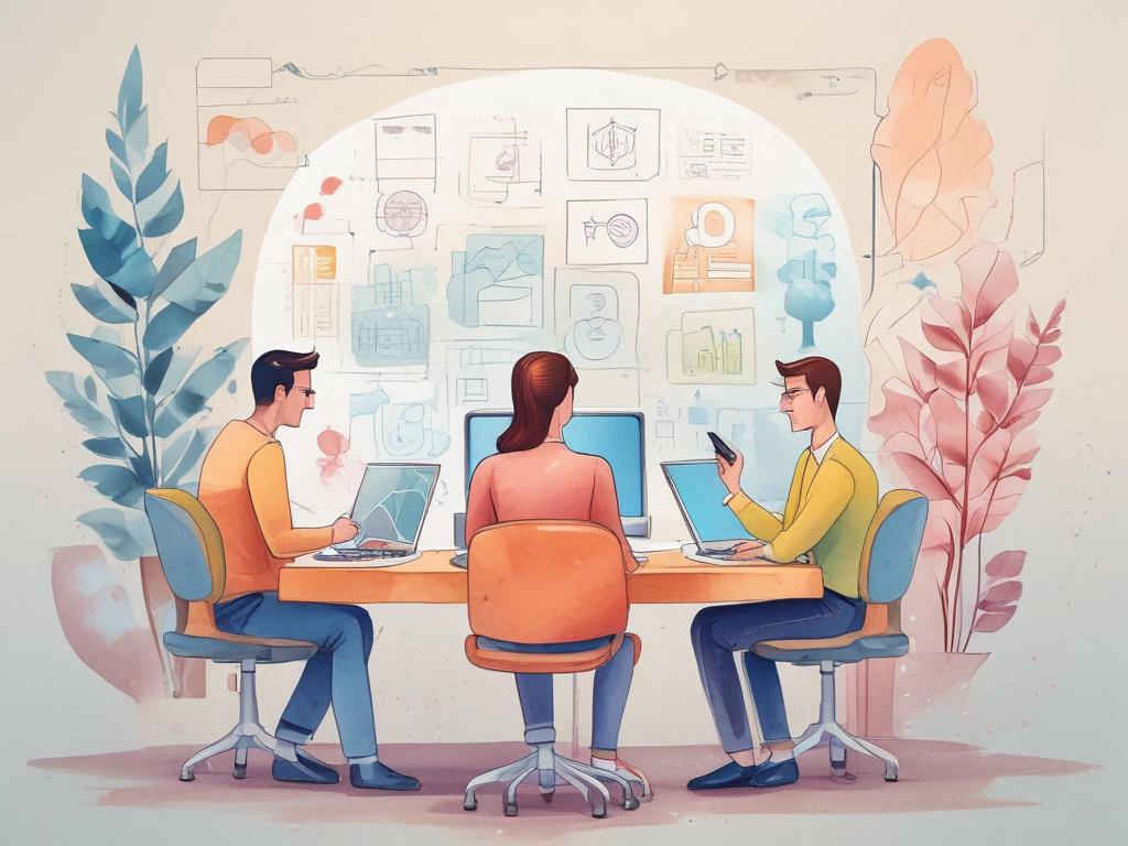 **AI Image Generation Prompt:**

Create a high-quality illustration in a soft watercolor painting style that captures the essence of "The Future of Digital Marketing." The composition should be simple and clear, featuring a single, captivating subject: a modern, diverse team of marketing professionals collaborating around a sleek, contemporary conference table. Illustrate their engaged expressions as they review data on a laptop screen, symbolizing innovation and teamwork in the digital realm.

In the backg