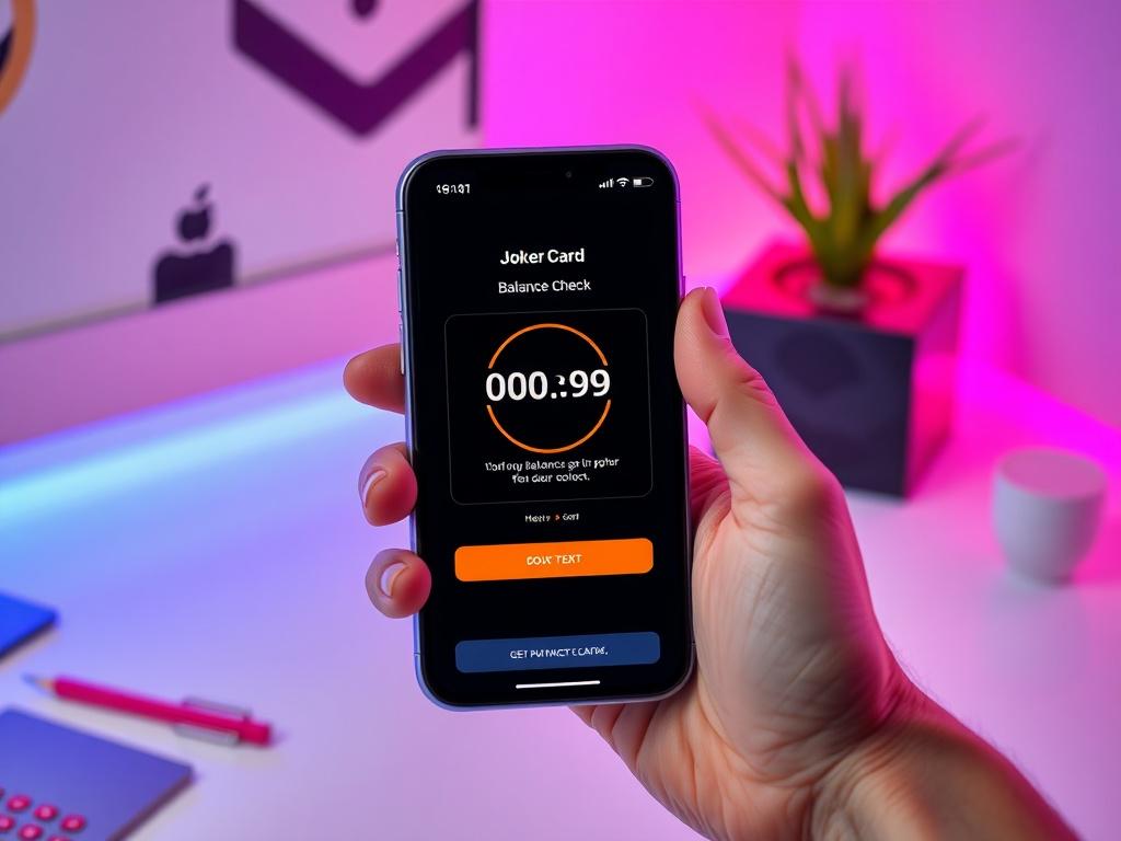 A close-up shot of a modern smartphone displaying a Joker Card balance check app on its screen, with a person’s hand holding the phone. The background is minimalistic, featuring a clean and bright workspace with a hint of vibrant colors that align with the #062767 primary color. The focus is on the phone, showcasing the app interface clearly.