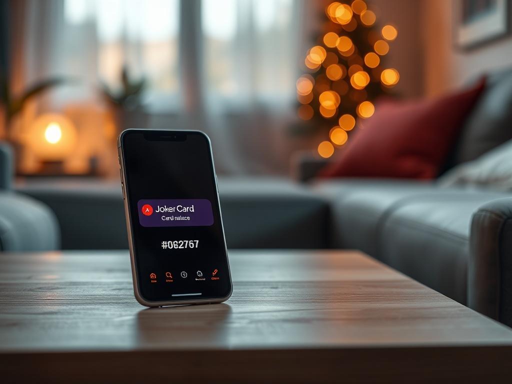 A smartphone with notification alerts for a Joker Card balance, set against a soft-focus background of a cozy living space. The phone should be prominently displayed with bright alerts that reflect urgency and vibrancy, harmonizing with the primary color #062767.