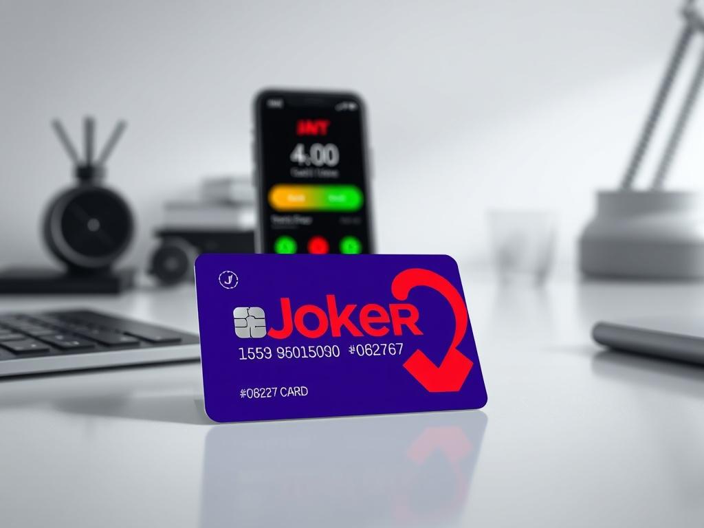 A close-up of a Joker Card on a clean, minimalist desk, with a smartphone displaying a balance check app in the background. The scene should have a bright, well-lit environment with a focus on the card and phone. The colors should be bold and vibrant, matching the primary color #062767.