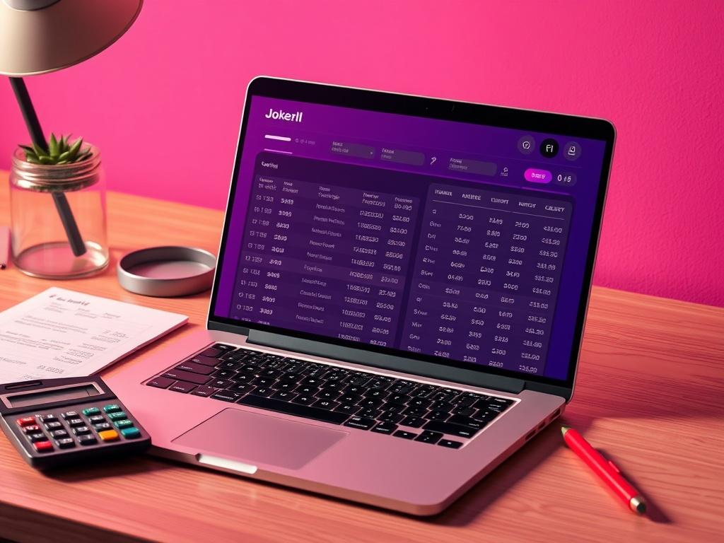 A laptop screen displaying a detailed transaction history for a Joker Card, surrounded by notes and a calculator. The scene should have a clean, organized layout, emphasizing clarity and focus, with vibrant colors that align with the primary color #062767.