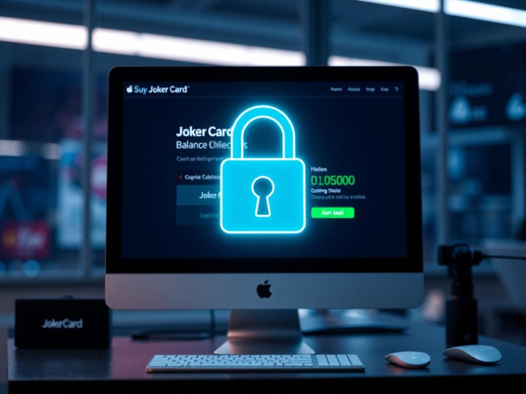 An image showcasing a digital lock symbol overlaid on a computer screen displaying the Joker Card balance check, with a sleek, modern design. The background should convey a sense of security, such as a tech-savvy environment with a focus on online safety.