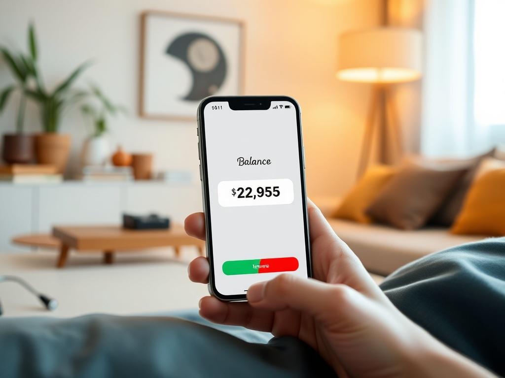 A minimalist and clean design featuring a smartphone displaying the Joker Card balance app, with a background that suggests convenience, such as a cozy home setting with soft lighting. The focus should be on the phone and its screen, showcasing the balance clearly.