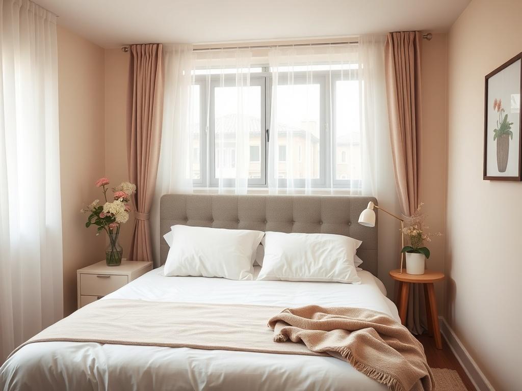 A serene and inviting bedroom in an Airbnb, featuring soft lighting and tasteful decor. The bed is neatly made with fluffy pillows and a cozy throw blanket. A small vase with fresh flowers sits on a bedside table. The room is clean and well-organized, showcasing a peaceful atmosphere. The background includes a window with sheer curtains allowing natural light to filter in, enhancing the tranquil ambiance. The color palette consists of soft tones, harmonizing with the primary color #062767.