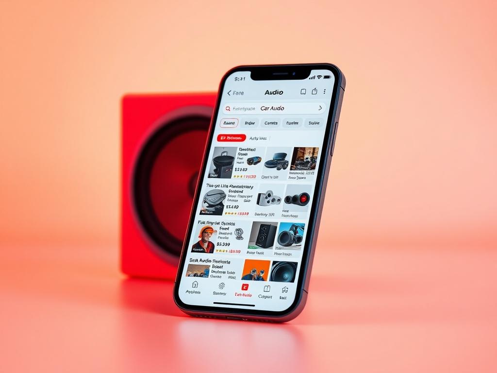 An engaging image of a smartphone displaying a car audio