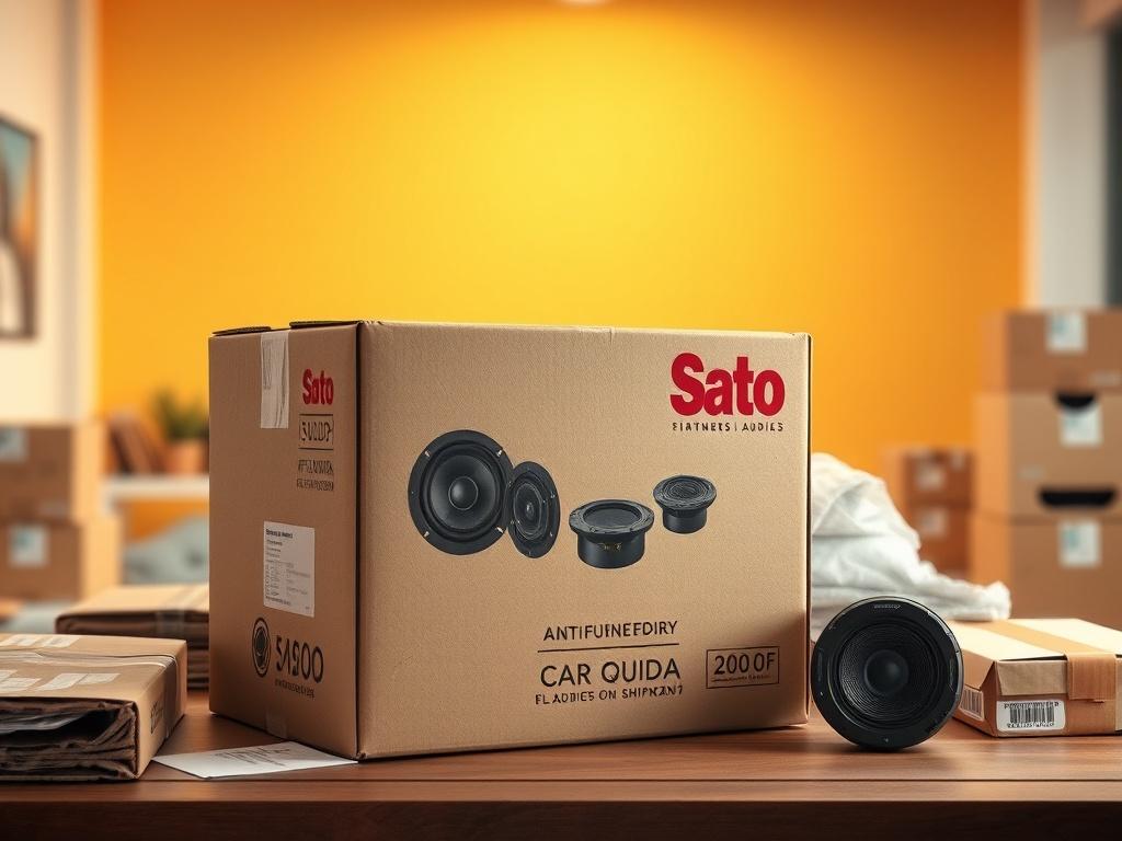 A vibrant showing a neatly packaged box of car audio