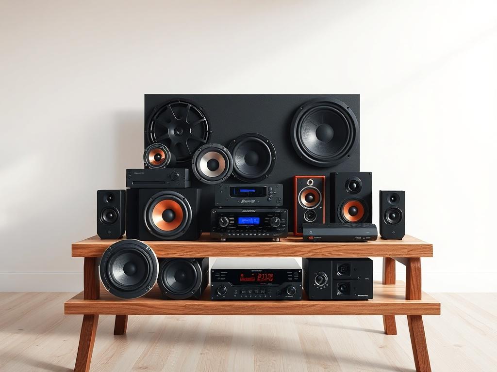 A visually appealing image of various car audio equipment, including