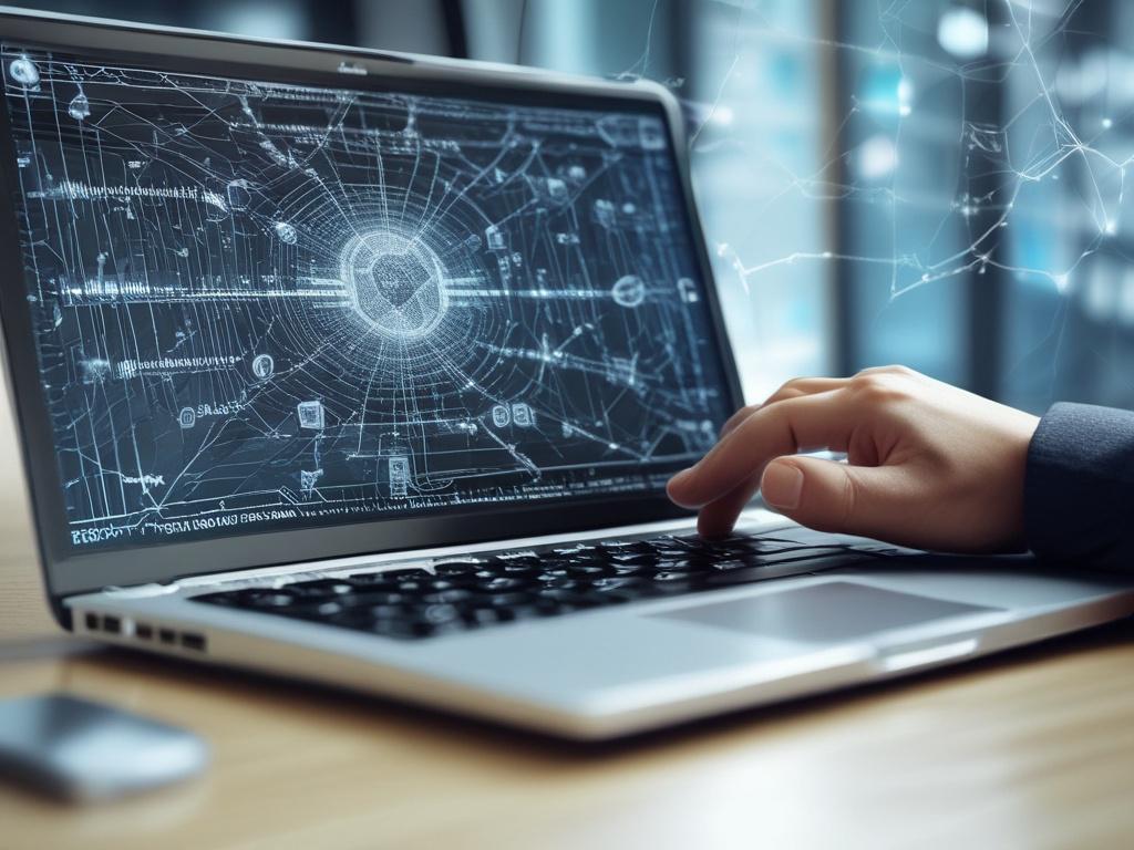 A hyper-realistic close-up shot of a cybersecurity expert analyzing network security on a modern laptop, with a focus on the screen displaying complex network diagrams. The background is softly blurred to emphasize the expert's concentration, shot with a 45mm f/1.2 lens. The overall color palette incorporates shades of green to reflect a clean and professional aesthetic.