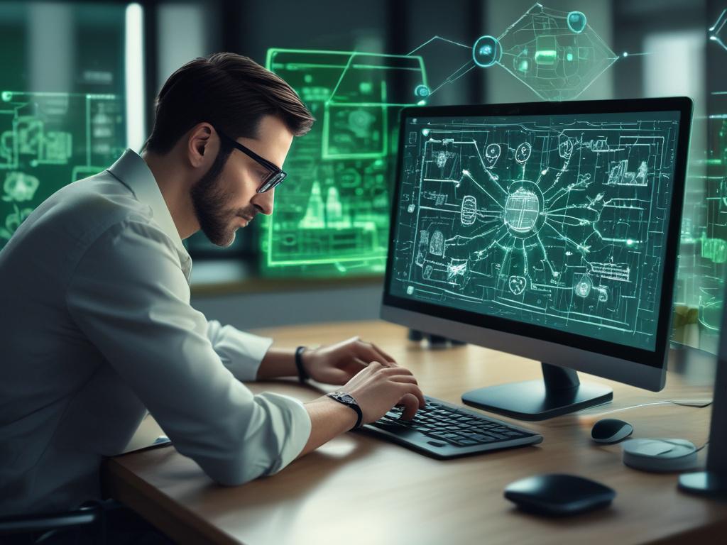 Close up of a cybersecurity expert analyzing network diagrams on