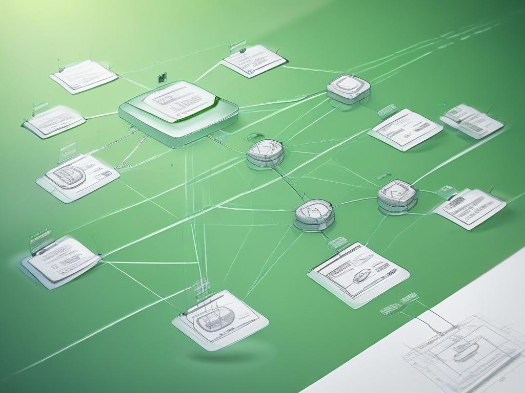 hyper-realistic close-up shot of a professional networking diagram, featuring clear lines and labels, with a clean green aesthetic background, shot with a 45mm f/1.2 lens