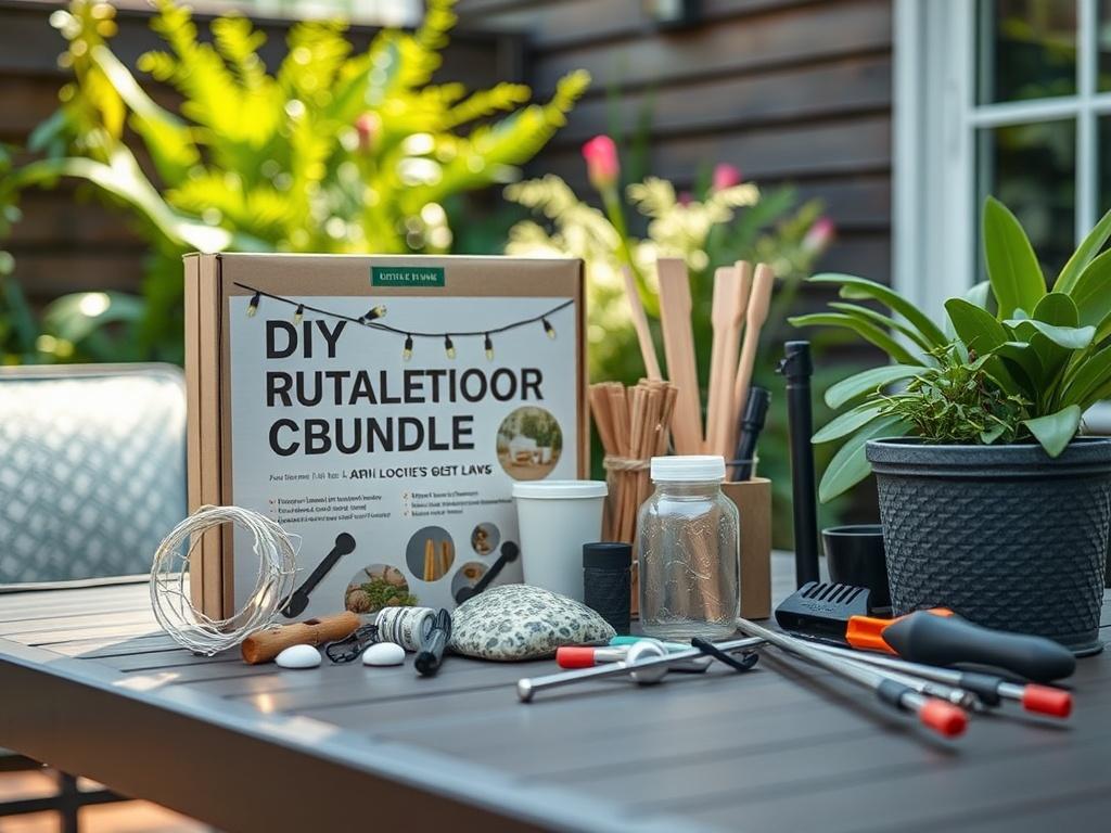 A close-up image of a DIY Outdoor Living Bundle displayed on a patio table. The kit includes items like string lights, decorative stones, and installation tools. The scene captures a beautiful outdoor setting with green plants in the background, emphasizing a vibrant, inviting atmosphere.