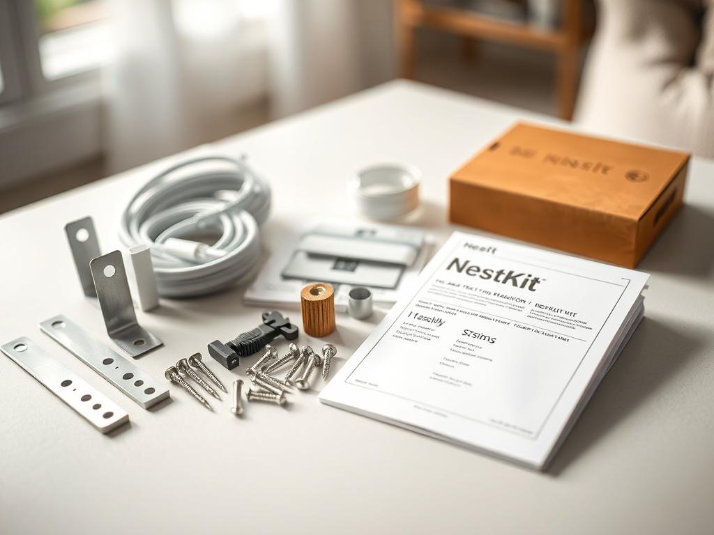 A realistic close-up shot of a NestKit DIY Installation Kit on a light-colored surface. The kit includes various installation tools and components like brackets, screws, and a manual. The lighting emphasizes the quality of the materials, with a blurred background that highlights the kit's versatility.