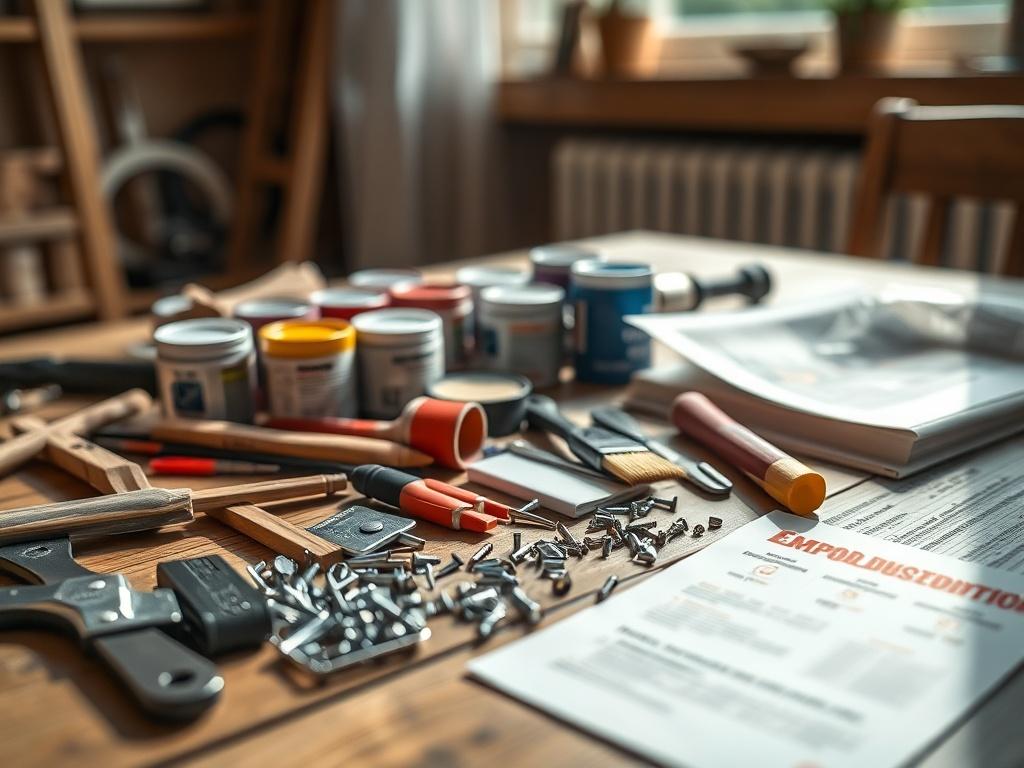 A close-up shot of a DIY Home Improvement Bundle laid out on a wooden table. The kit includes a variety of tools and materials like paint, brushes, screws, and a manual. The background is softly blurred to focus on the kit, with natural light highlighting the items, creating a warm and inviting atmosphere.