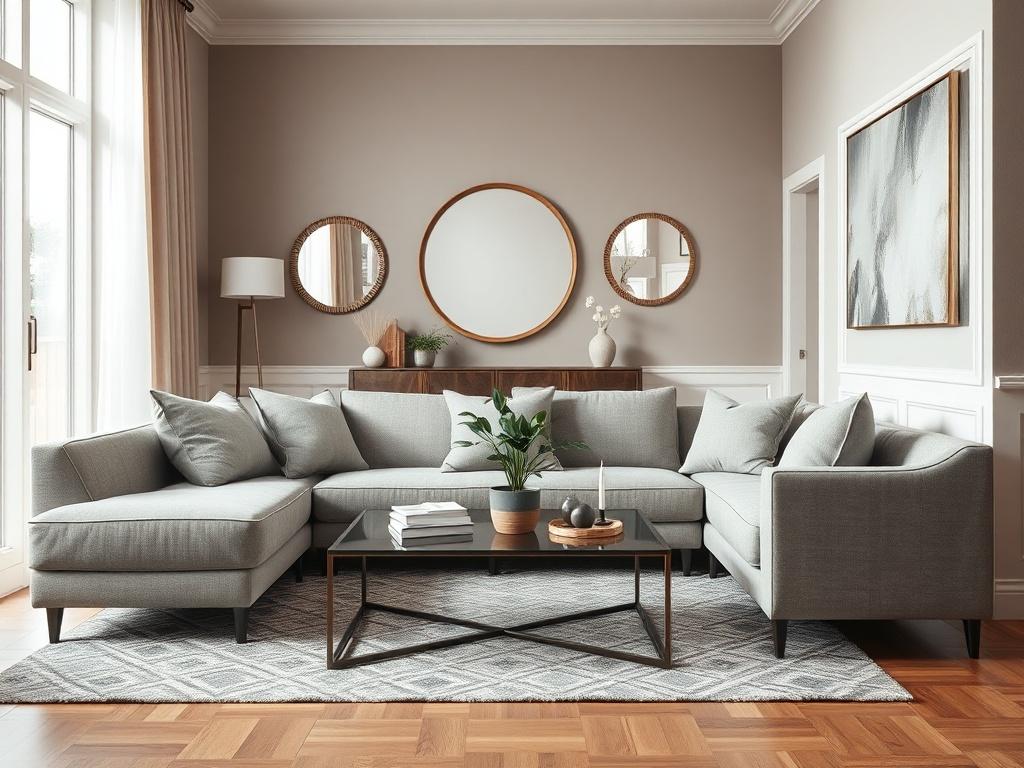 Create a realistic high-resolution image that embodies the theme "Maximize Your Property Value." The composition should be simple and clear, featuring a single subject: a beautifully staged living room that exemplifies optimal property enhancement. 

**Subject Matter:** The living room should include a modern sofa with elegant throw pillows, a stylish coffee table with a few tasteful decorations, and a well-placed indoor plant to bring life to the space. Natural light should pour in through a large window, 