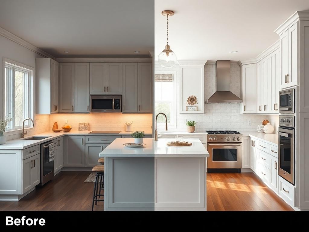 A hyper-realistic close-up shot of a kitchen remodel, showcasing a bright, modern kitchen with white cabinets, a large central island, and stainless steel appliances. The before image should show the old dark cabinets and cramped layout, while the after image highlights the open space, modern design, and stylish decor. The lighting should be warm and inviting, emphasizing the transformation. The background should be simple and clear, focusing solely on the kitchen area.