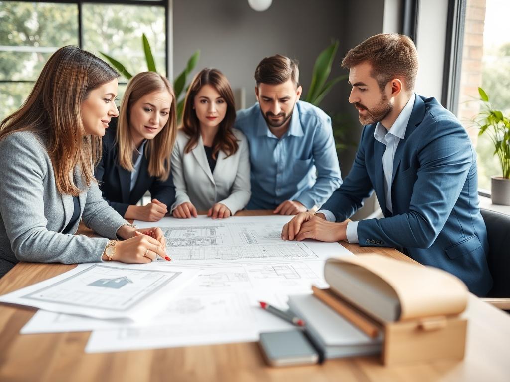 A professional team of property management and remodeling experts in a bright, modern office setting. The team is engaged in a discussion, with blueprints and property enhancement materials on the table. The background shows a large window with natural light flooding in, and a hint of green plants visible, creating a welcoming and productive atmosphere. The composition should focus on the team members, highlighting their collaboration and expertise.