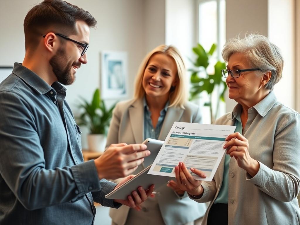 A close-up shot of a professional property manager discussing details with a property owner in a bright, welcoming office environment, showcasing a property management plan on a tablet. The background is neatly organized with property management materials and a plant, using a hyper-realistic style.