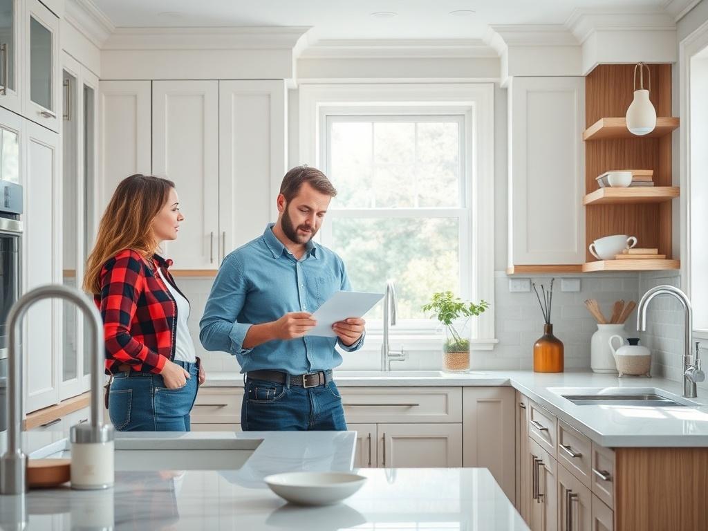 A close-up shot of a beautifully remodeled kitchen with modern fixtures and finished cabinetry, featuring a professional contractor discussing design options with a homeowner. The setting is bright and inviting, emphasizing the transformation of the space in a hyper-realistic style.