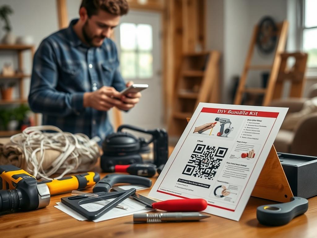 A close-up shot of a DIY bundle kit displayed on a table, showcasing the included tools and instructions. A homeowner is seen enthusiastically scanning a QR code on the instruction sheet, with a backdrop of a partially completed home project, captured in hyper-realistic detail.