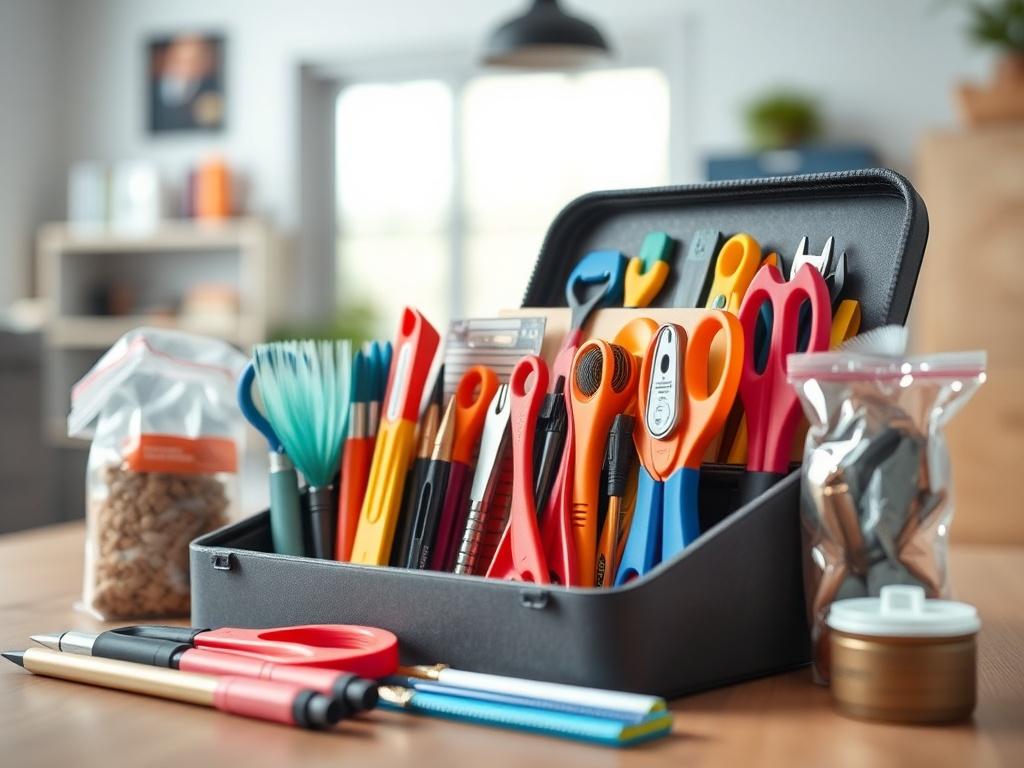 A close-up shot of a well-organized DIY kit from Vibelink, featuring colorful tools and materials neatly packaged. The background should be softly blurred, focusing on the vibrant colors and textures of the kit, showcasing the convenience of DIY solutions. The lighting should be bright and inviting, with a clean and modern aesthetic.