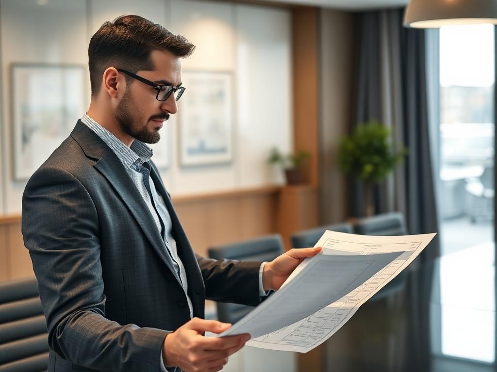 A close-up shot of a property management professional presenting a detailed plan to a client in a modern conference room.
