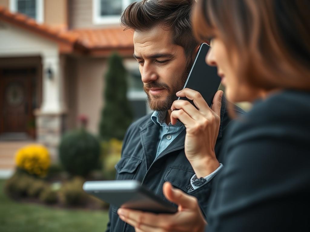 A close-up shot of a property manager on a phone call, providing assistance to a client, set against a backdrop of a well-maintained property.