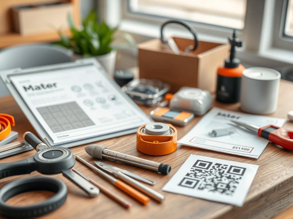 A close-up shot of a well-organized DIY kit displayed on a table, featuring tools, materials, and a QR code for installation instructions.