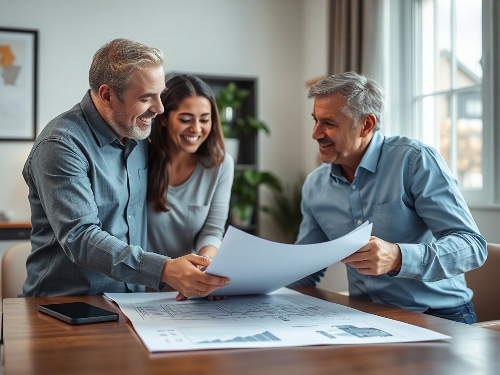 A close-up shot of a friendly property manager discussing plans with a homeowner in a well-lit office, with blueprints and property documents on the table.