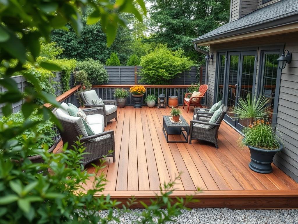 A picturesque backyard featuring a newly installed garden deck made from high-quality materials. The deck is adorned with outdoor furniture and plants, providing a cozy and inviting space for relaxation. The composition focuses on the deck, framed by lush greenery.