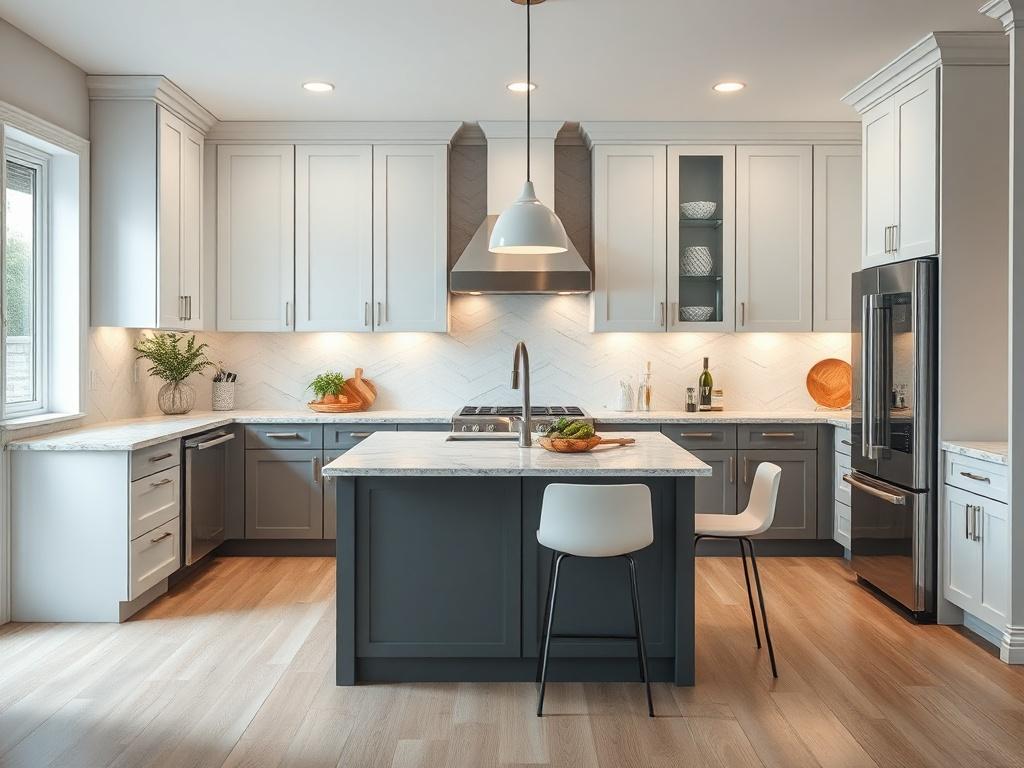 A beautifully remodeled kitchen showcasing modern cabinetry, quartz countertops, and energy-efficient appliances. The kitchen features soft lighting and a neutral color palette, creating a warm and inviting atmosphere. The composition is focused on the kitchen island, highlighting the sleek design and functionality.