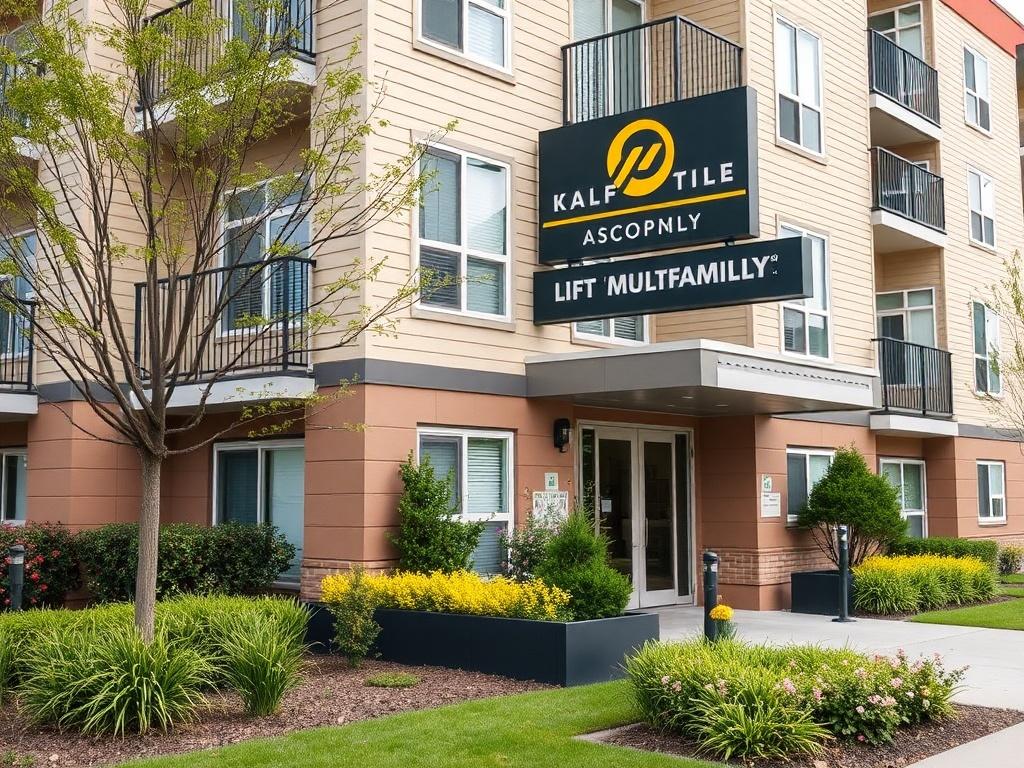 An exterior shot of a multifamily unit showcasing freshly painted walls, new landscaping, and modern signage. The scene is lively, with well-maintained greenery and a welcoming entrance, emphasizing the enhanced curb appeal.