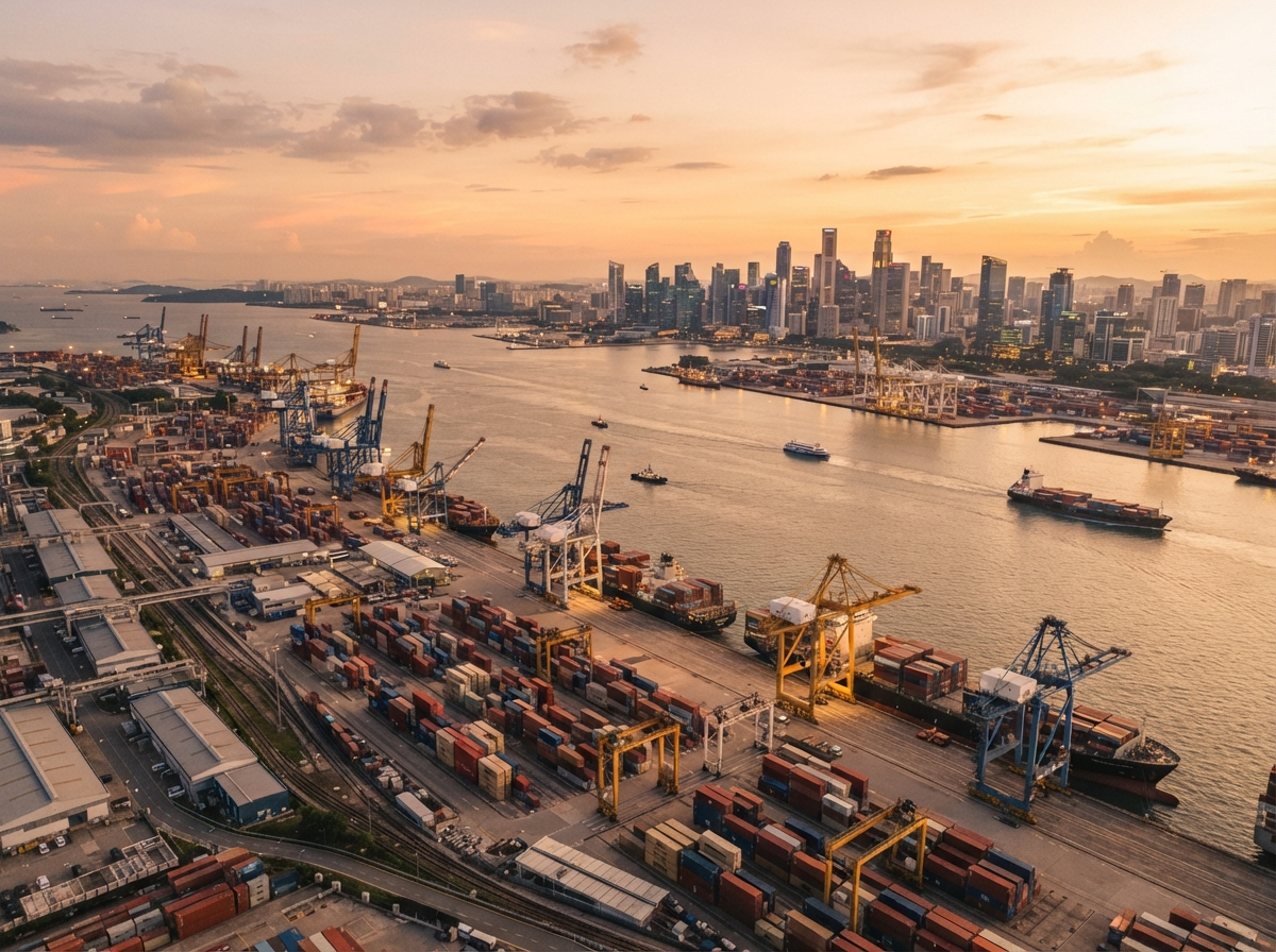 Modern port with cargo cranes and a city skyline at golden hour representing global connections