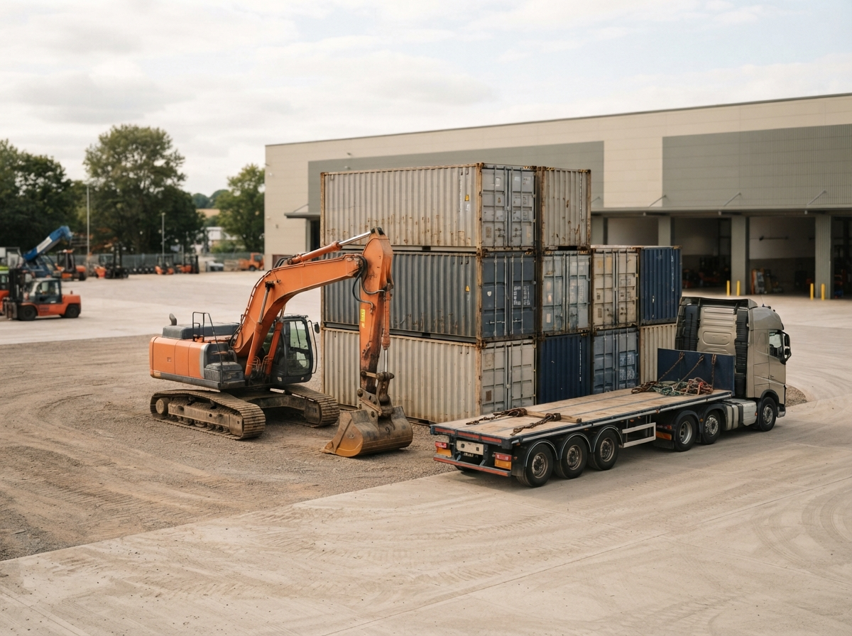 Construction equipment, shipping containers, and a loading truck on an organized industrial yard