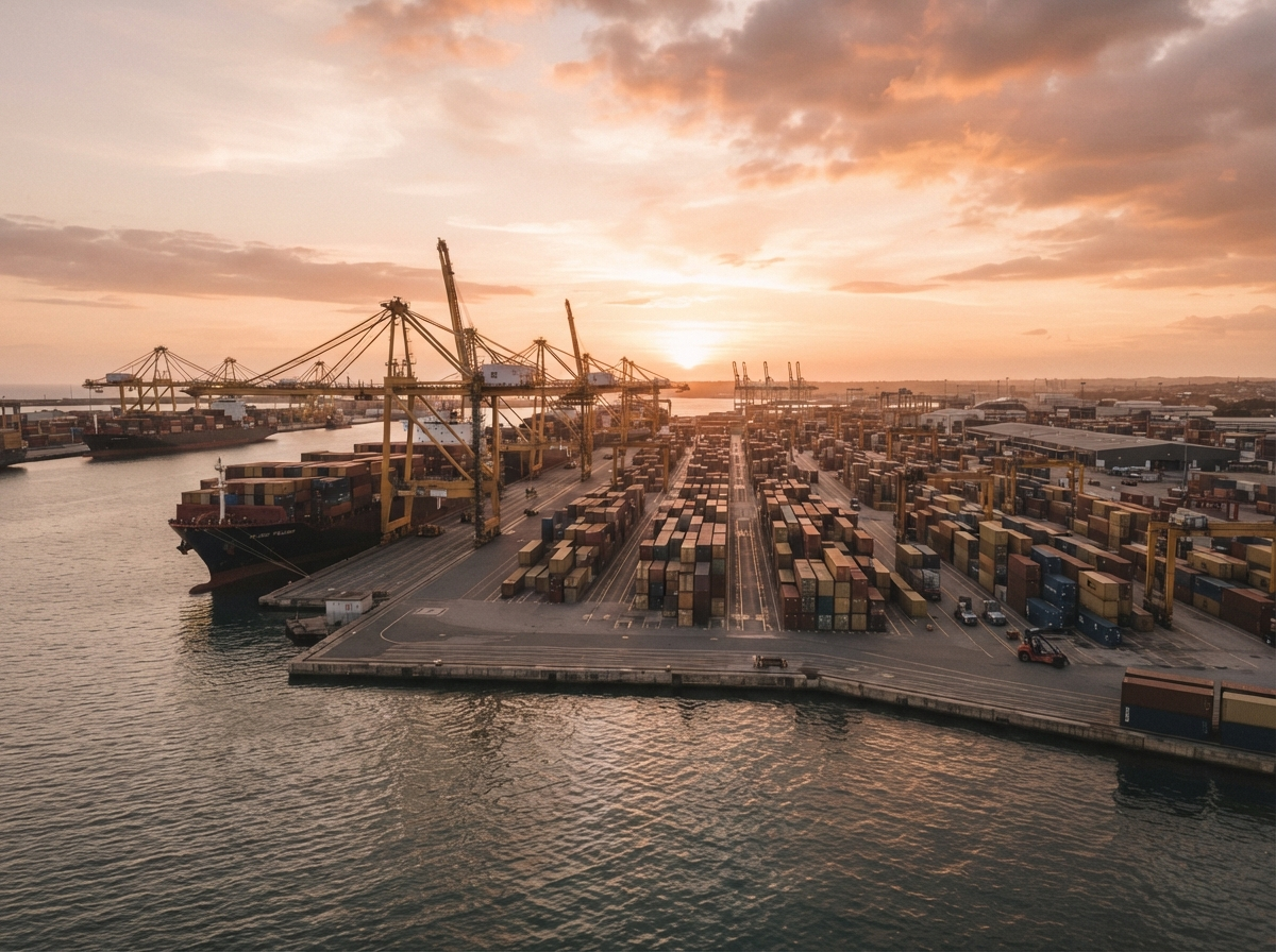 Container port with shipping containers and cargo cranes representing global trade