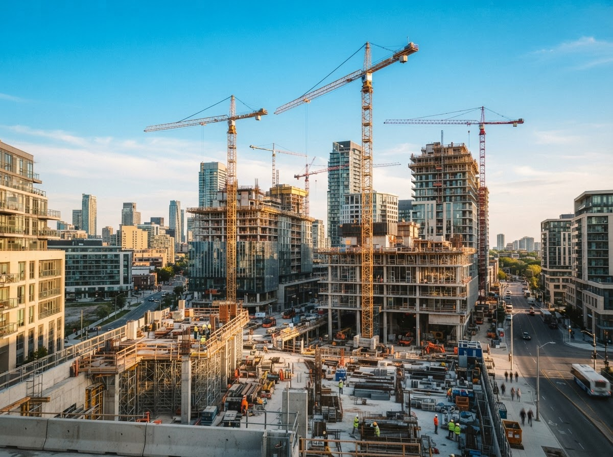 Modern commercial and residential buildings under development with construction cranes