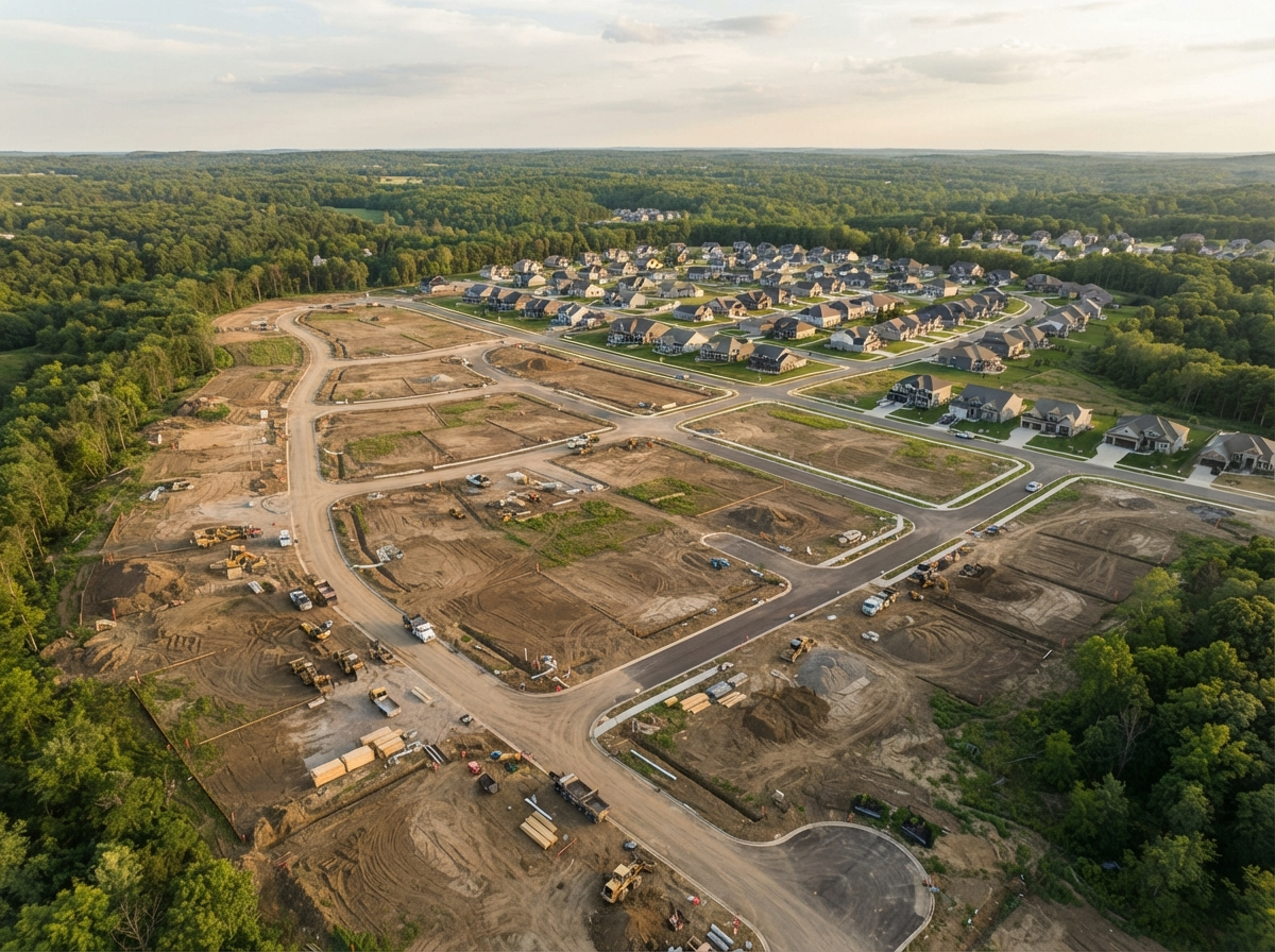 Aerial view of a residential land development subdivision with graded lots and roads