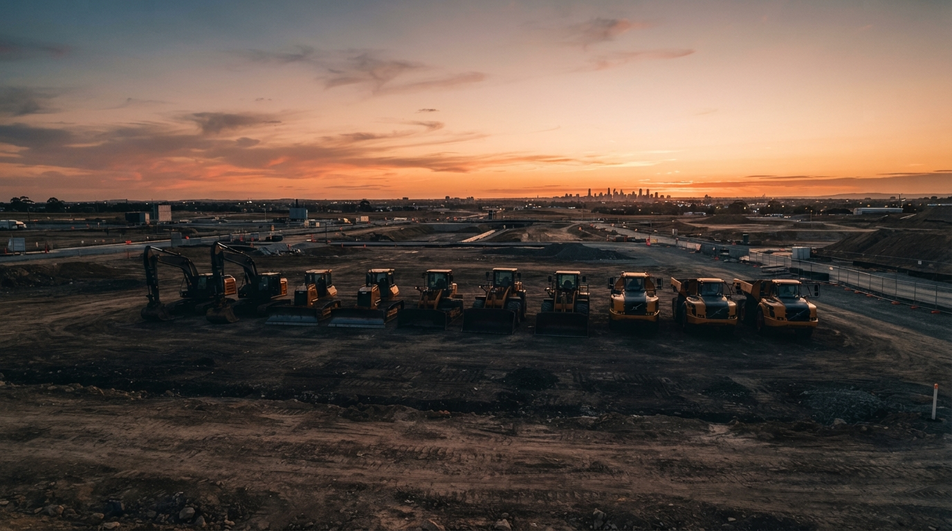 Construction machinery fleet parked on a development site at dusk