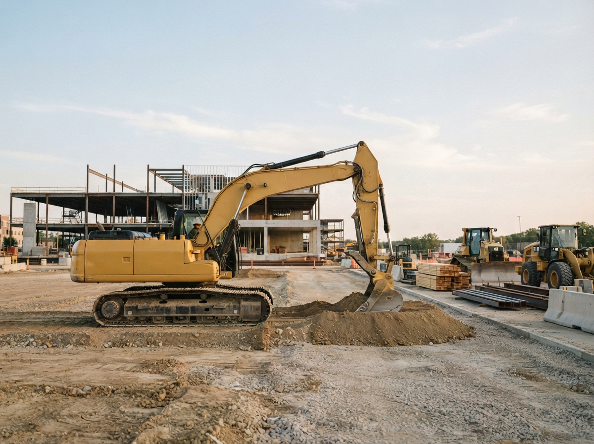 Hydraulic excavator and heavy construction equipment on a construction site