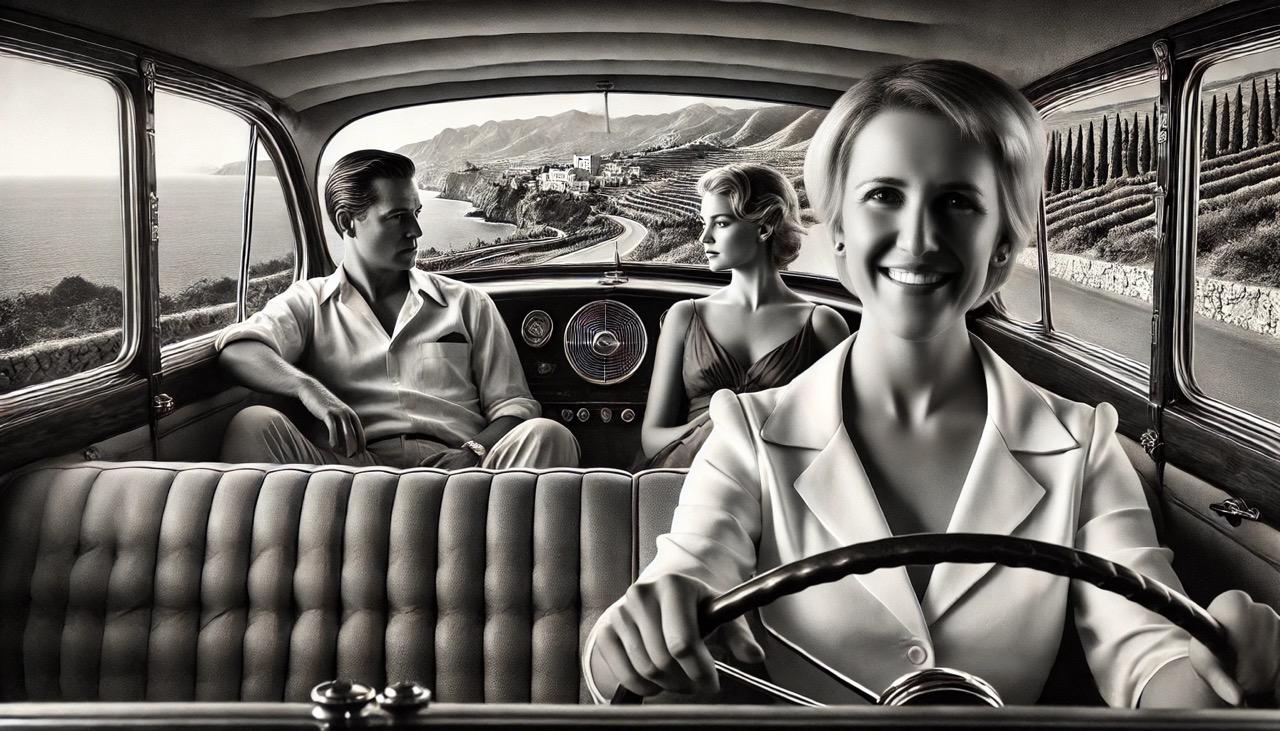 dall·e 2024-12-11 22.28.42 - a black and white photograph-style image of a classic car driving through the beautiful scenery of southern italy. the female chauffeur, a middle-aged.jpeg