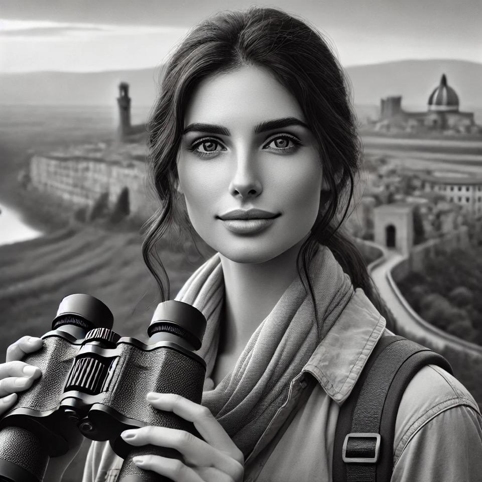 dall·e 2024-12-11 22.08.12 - a black and white realistic portrait of a younger jewish woman traveling in italy. she is holding binoculars and looking directly at the camera with a.jpeg