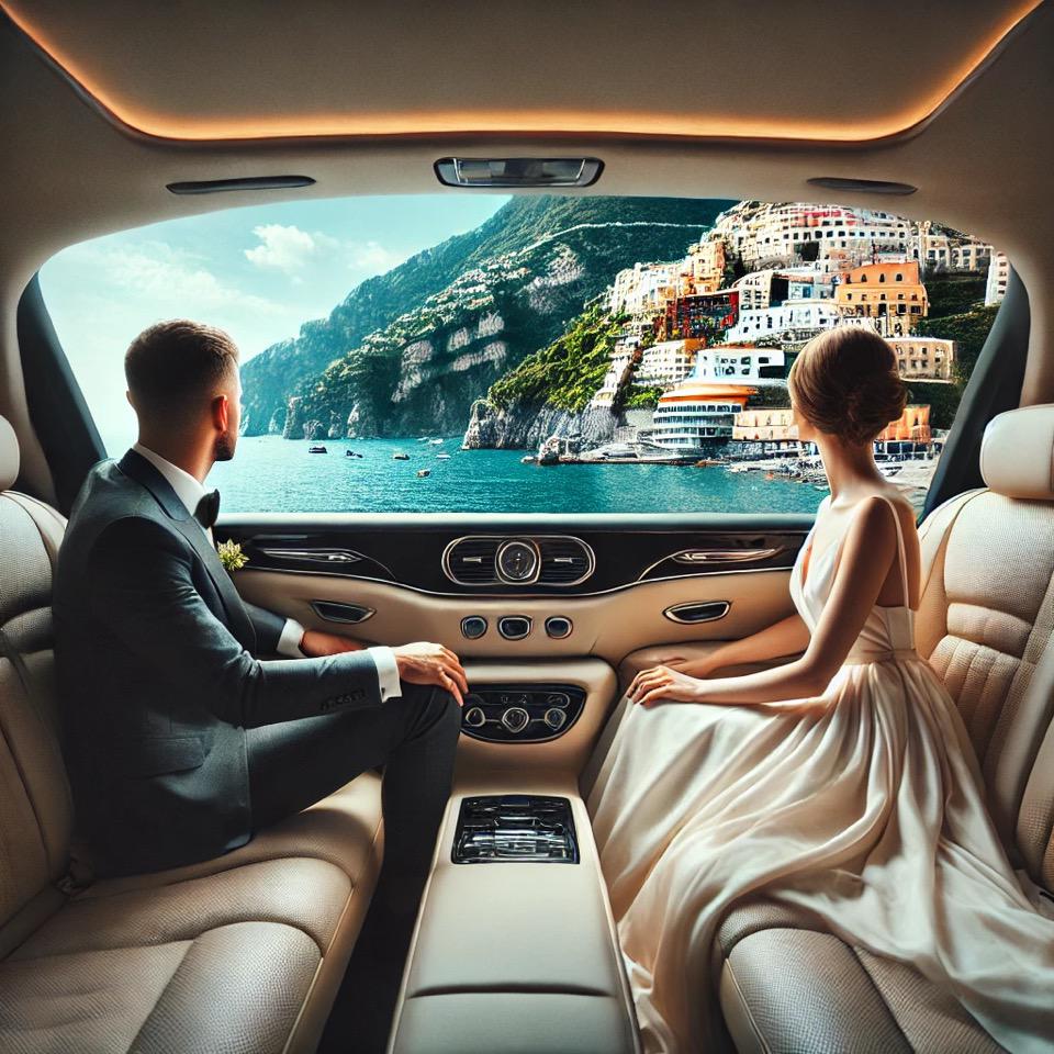 dall·e 2024-12-13 20.48.25 - a photograph of a modern wedding couple traveling in a luxurious car along the amalfi coast. the bride is wearing a simple and elegant wedding dress, .jpeg