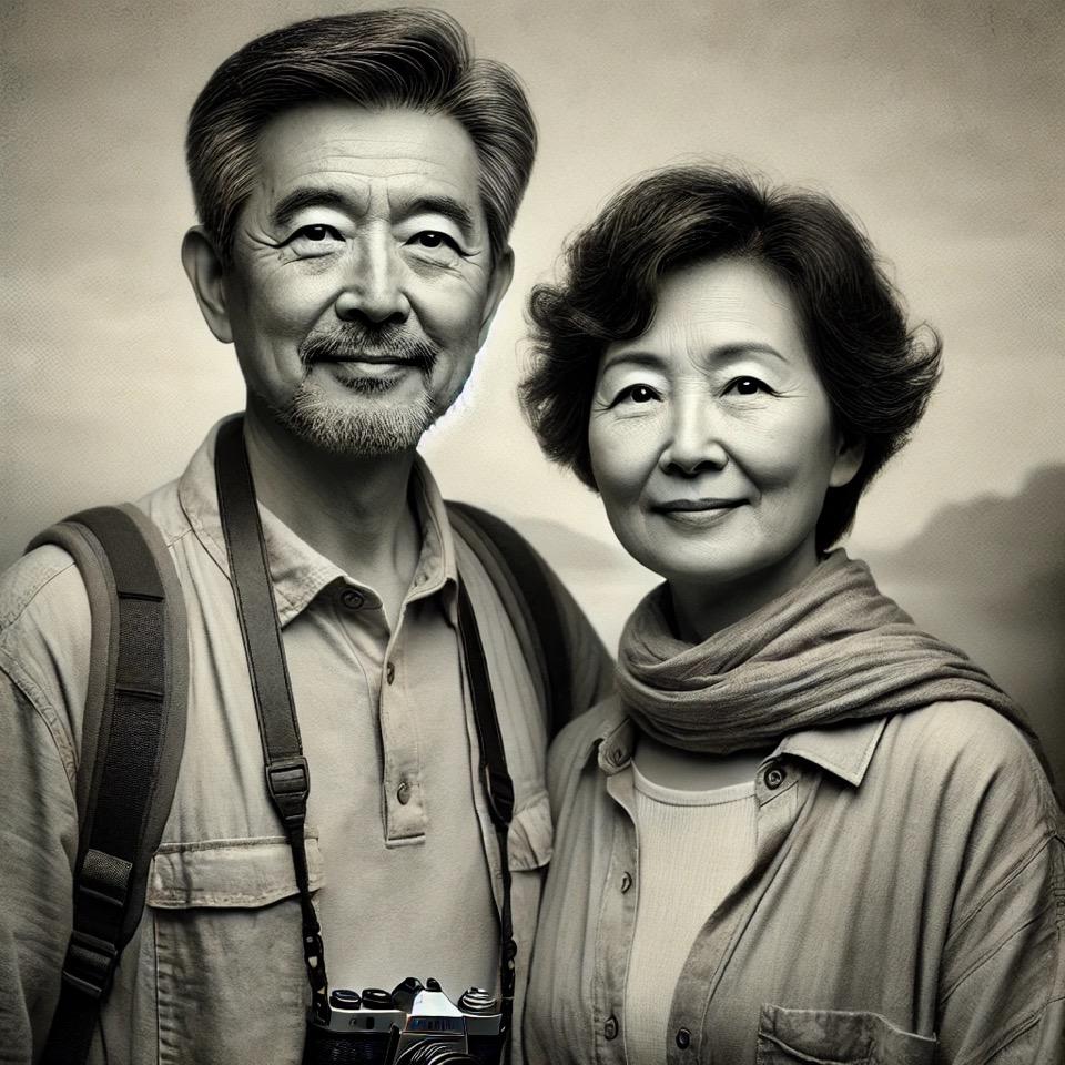 dall·e 2024-12-11 22.02.38 - a black and white portrait of a middle-aged chinese man and his wife, depicted as travelers. the couple is dressed casually yet stylishly, standing to.jpeg