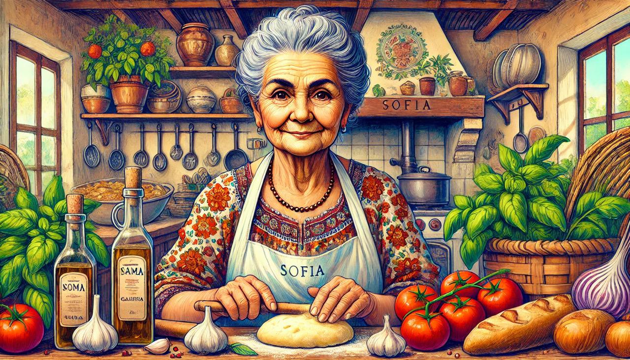 dall·e 2024-12-11 20.59.27 - a vibrant and lively illustration of sofia, an older italian 'mama' cook in her rustic kitchen in italy. sofia has short, greying hair and a warm, exp.jpeg