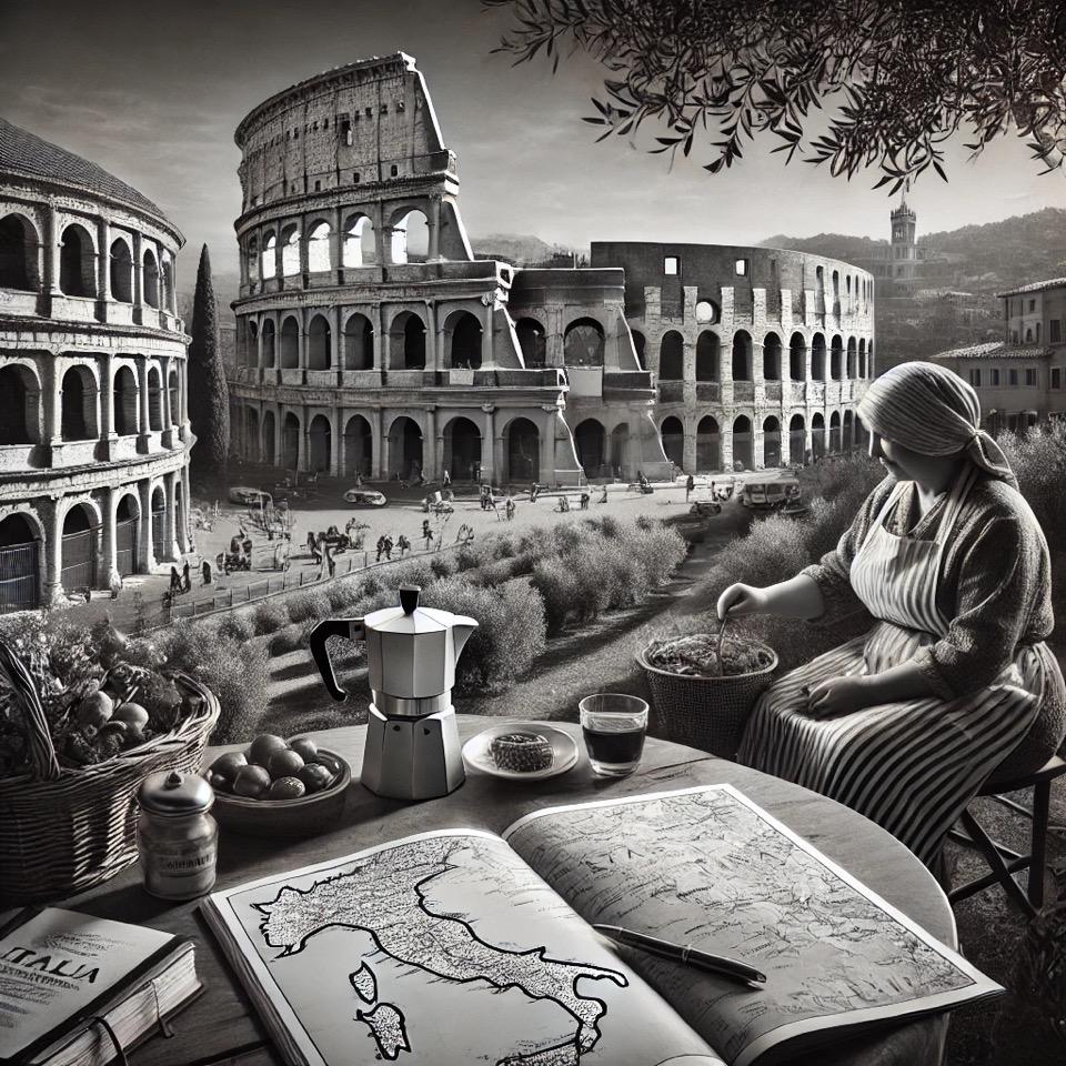 dall·e 2024-12-11 22.47.16 - a black and white photograph-style image representing luxury and personalized travel planning. the scene includes iconic italian elements such as the .jpeg