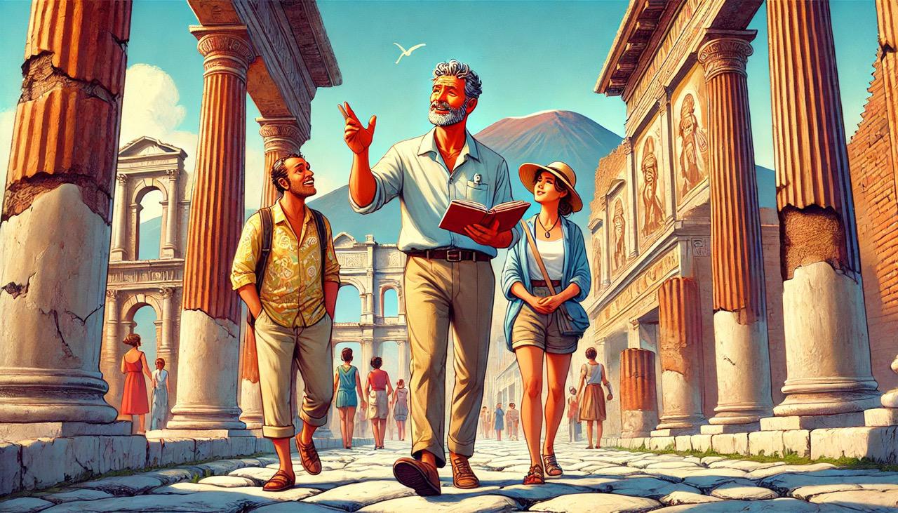 dall·e 2024-12-11 21.07.41 - an inspiring and lively illustration of marco, a passionate travel guide, strolling through the ancient ruins of pompeii with two guests. marco is an .jpeg