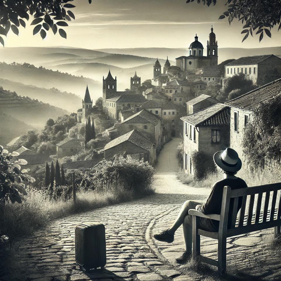 dall·e 2024-12-11 22.55.44 - a black and white photograph-style image promoting the concept of slow travel. the image captures a serene scene with a charming small village, cobble.jpeg