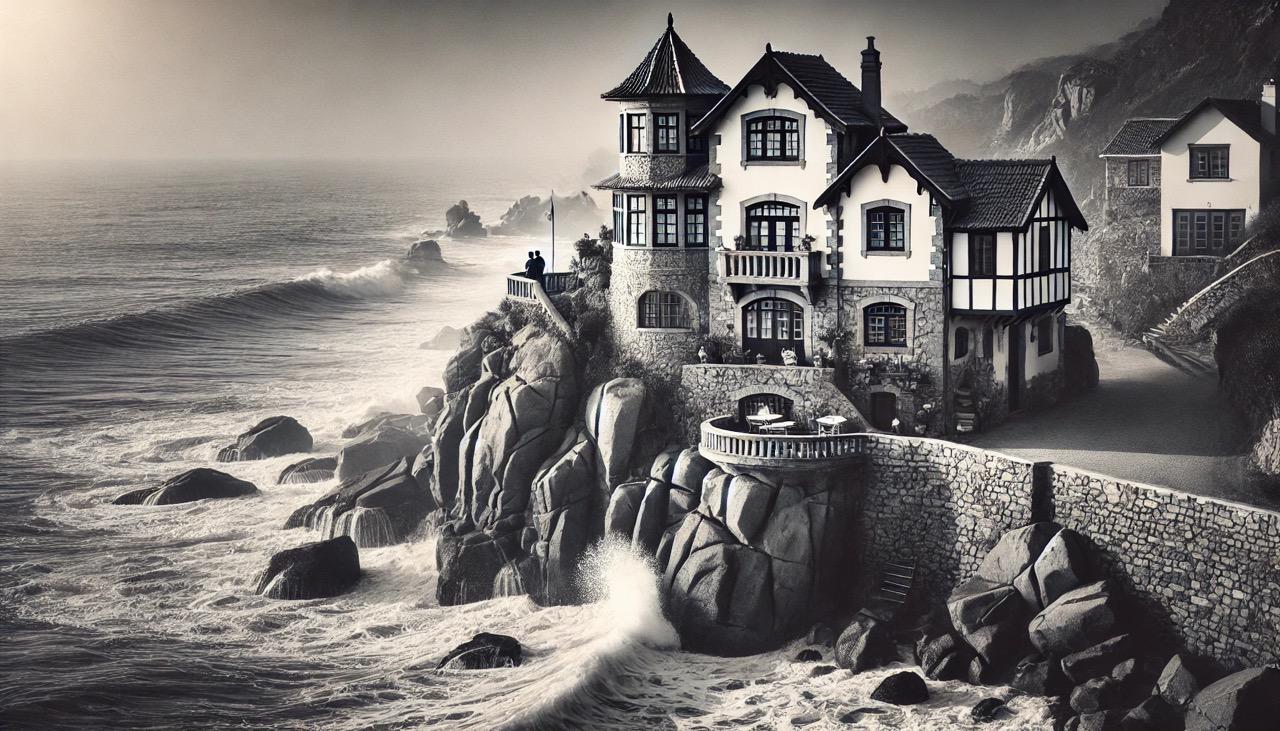 dall·e 2024-12-11 22.34.13 - a black and white photograph-style image of a small, cozy hotel perched on the edge of rocky cliffs near the sea. the hotel features charming and inti.jpeg