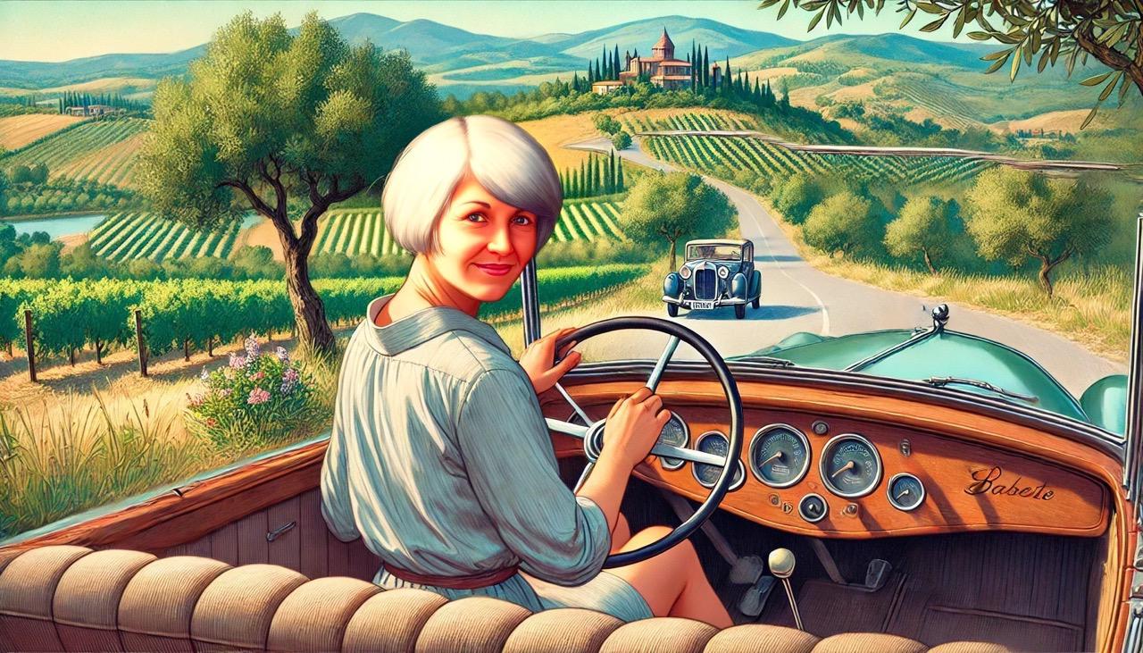 dall·e 2024-12-11 20.53.25 - a scenic illustration of a woman named babette around 55 years old with very short blond hair, sitting behind the wheel of a beautiful vintage car on .jpeg